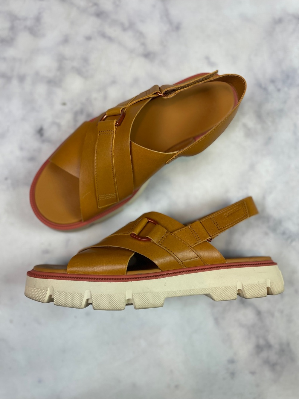 SOREL Reign CB Cross Strap Chunky Cognac Leather Sandals Sporty Sz 10.5